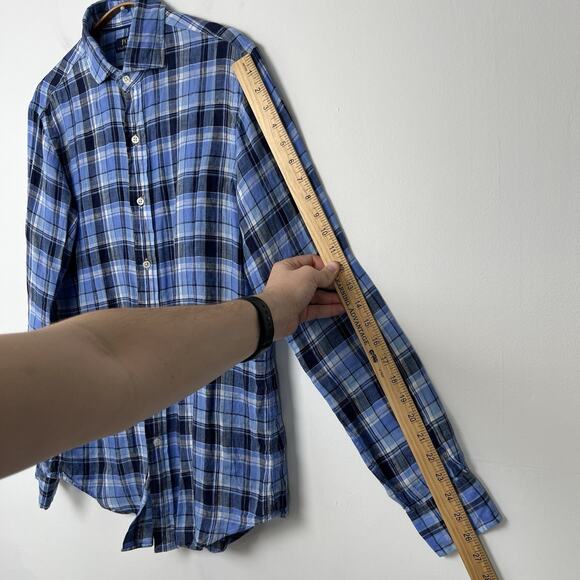 Polo Ralph Lauren Shirt Men’s Small 100% Linen Button Up Blue Plaid Long Sleeve - Picture 7 of 8